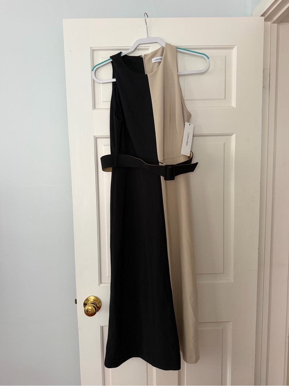 Calvin Klein Black & Beige Colorblock Sleeveless Midi Dress with Belt